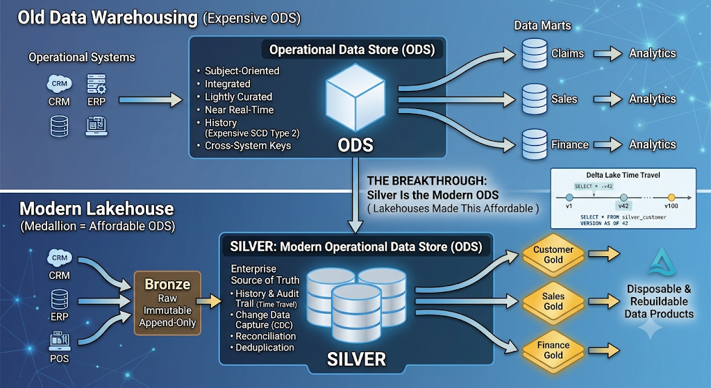 Diagram comparing traditional ODS architecture with modern lakehouse Silver layer