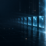 A late amber data record appears behind a glowing checkpoint after matching blue records have crossed it.