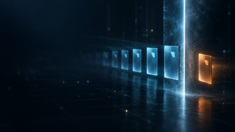 A late amber data record appears behind a glowing checkpoint after matching blue records have crossed it.