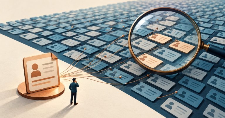 A small customer record linked to rows across a large archive, with a magnifying glass highlighting affected records.